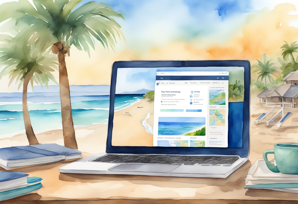 A laptop displaying the VRBO website, surrounded by travel guides and a map, with a beach scene on the screen