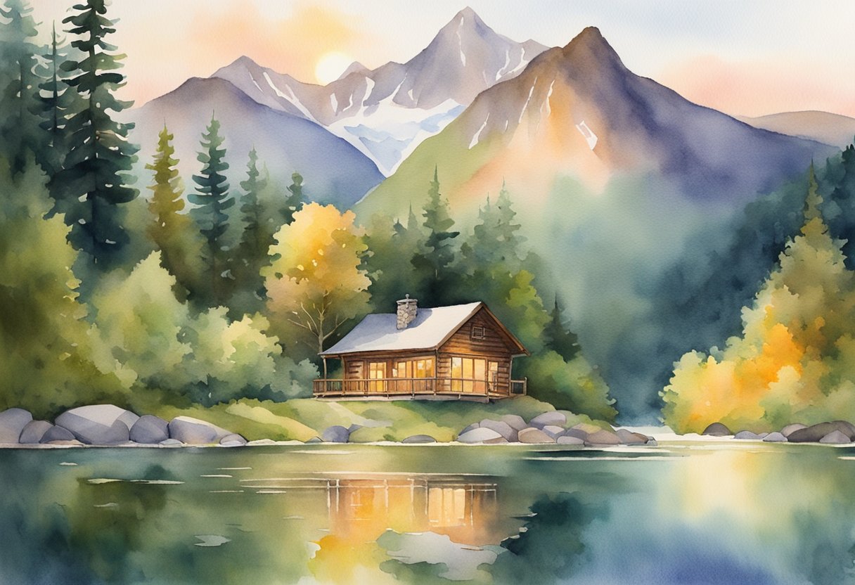 A cozy cabin nestled in the mountains, surrounded by lush greenery and a tranquil lake. The sun sets behind the peaks, casting a warm glow over the landscape