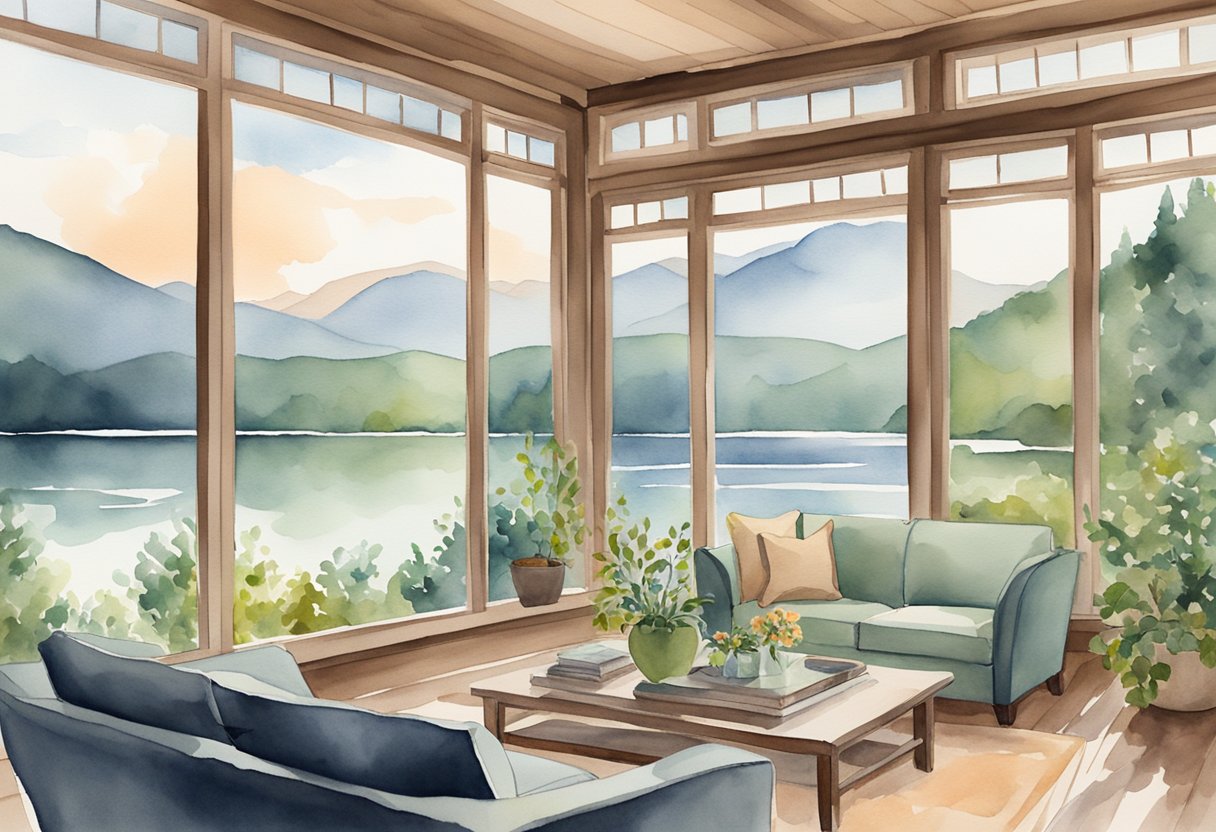 A cozy living room with a large window overlooking a serene lake, surrounded by lush greenery and mountains in the distance. A warm fireplace and comfortable seating create a welcoming atmosphere for guests to relax and unwind