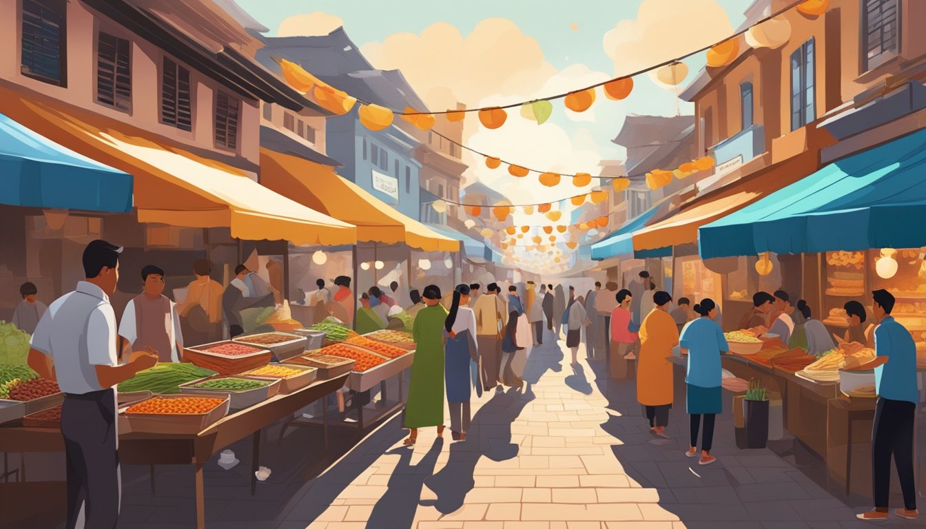 A bustling street lined with colorful food stalls and bustling with people. The aroma of sizzling meats and spices fills the air, while vendors call out to passersby, enticing them with their delectable offerings