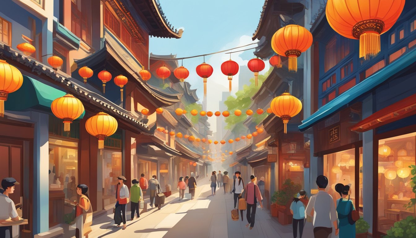 Vibrant Chinatown street with colorful shop houses, bustling markets, and traditional lanterns. A mix of modern and historical architecture creates a lively and dynamic atmosphere