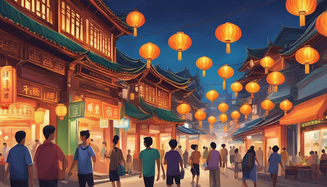 Colorful lanterns line the bustling streets of Chinatown, with traditional shophouses and temples creating a vibrant atmosphere. The aroma of sizzling street food fills the air, as locals and tourists immerse themselves in the rich history and culture of this