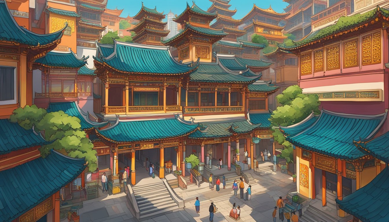 The ornate temples and incense-filled courtyards of Chinatown Singapore exude a sense of spiritual tranquility. The vibrant colors and intricate architecture create a visually stunning scene for an illustrator to recreate