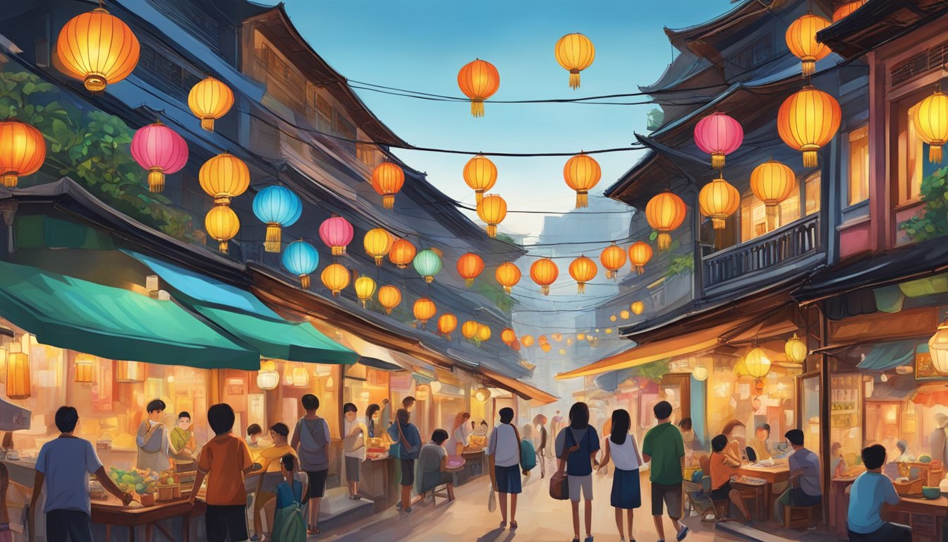 Colorful lanterns hang above bustling streets, lined with traditional shophouses and vibrant murals. The air is filled with the scent of sizzling street food and the sound of traditional music