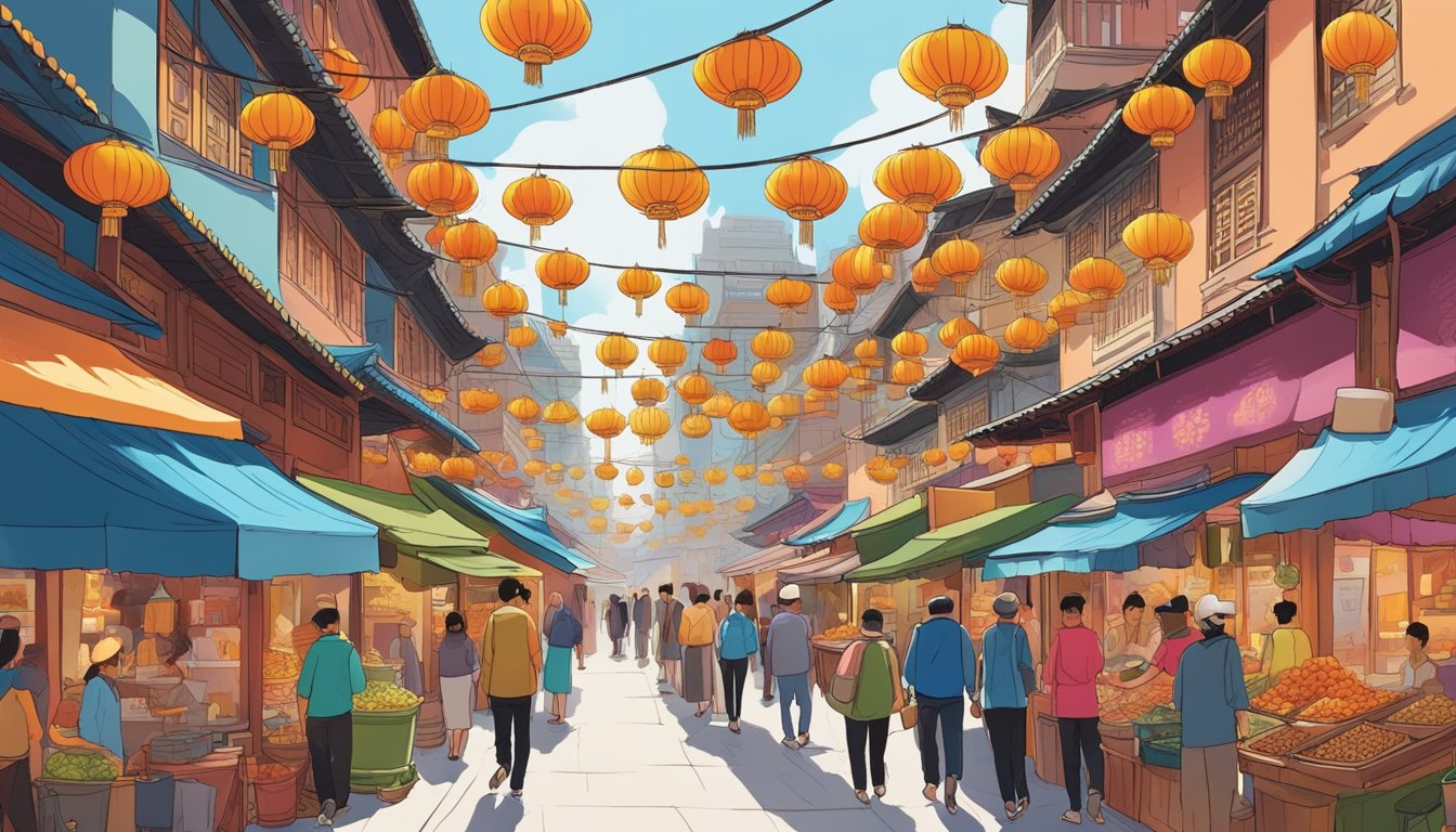 Brightly colored stalls line the bustling streets of Chinatown. Aromas of exotic spices and sizzling street food fill the air. Visitors browse through an array of traditional crafts and souvenirs, creating a lively and vibrant atmosphere