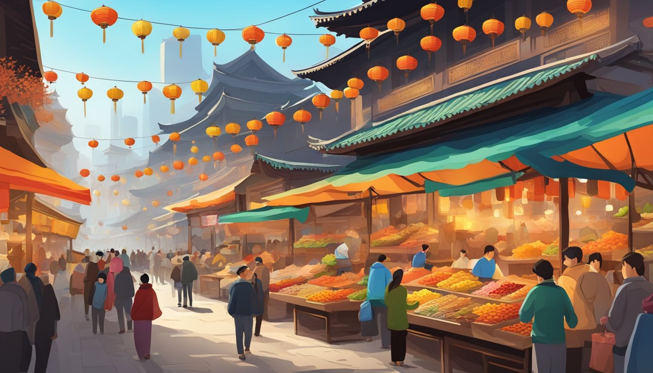 Busy street market with colorful food stalls, aromatic spices, and bustling crowds. Traditional Chinese architecture and lanterns add to the vibrant atmosphere