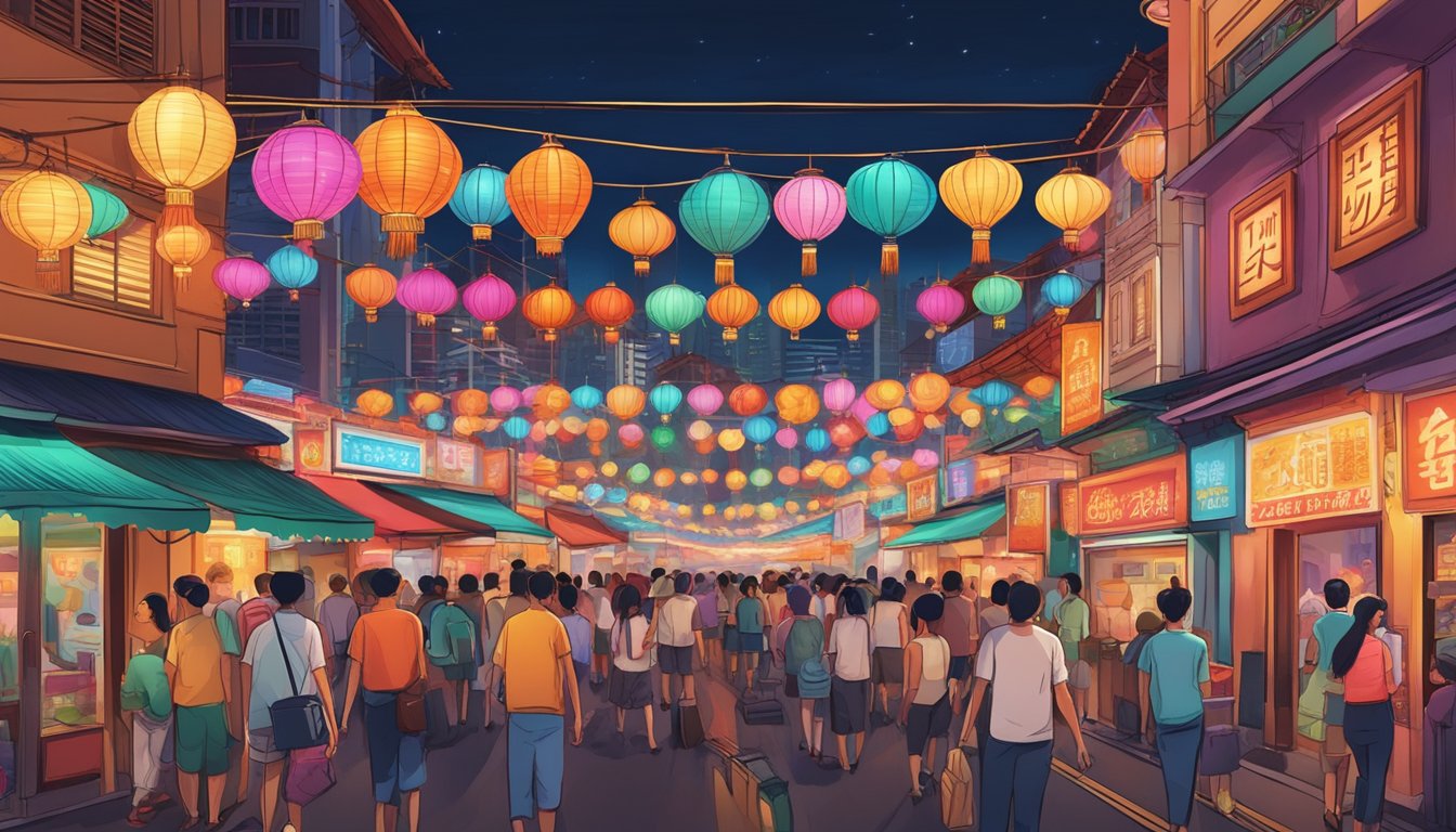 Colorful neon lights illuminate bustling streets, with vibrant signs and lanterns adorning the buildings. The air is filled with the sound of lively music and laughter, as people enjoy the diverse range of entertainment options in Chinatown, Singapore