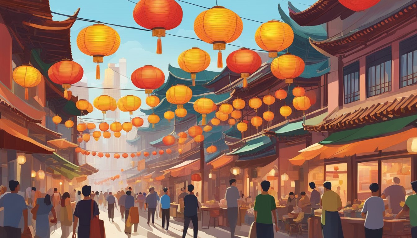 Colorful buildings line the bustling streets of Chinatown, with traditional lanterns hanging overhead. The aroma of sizzling street food fills the air, as locals and tourists explore the vibrant shops and market stalls