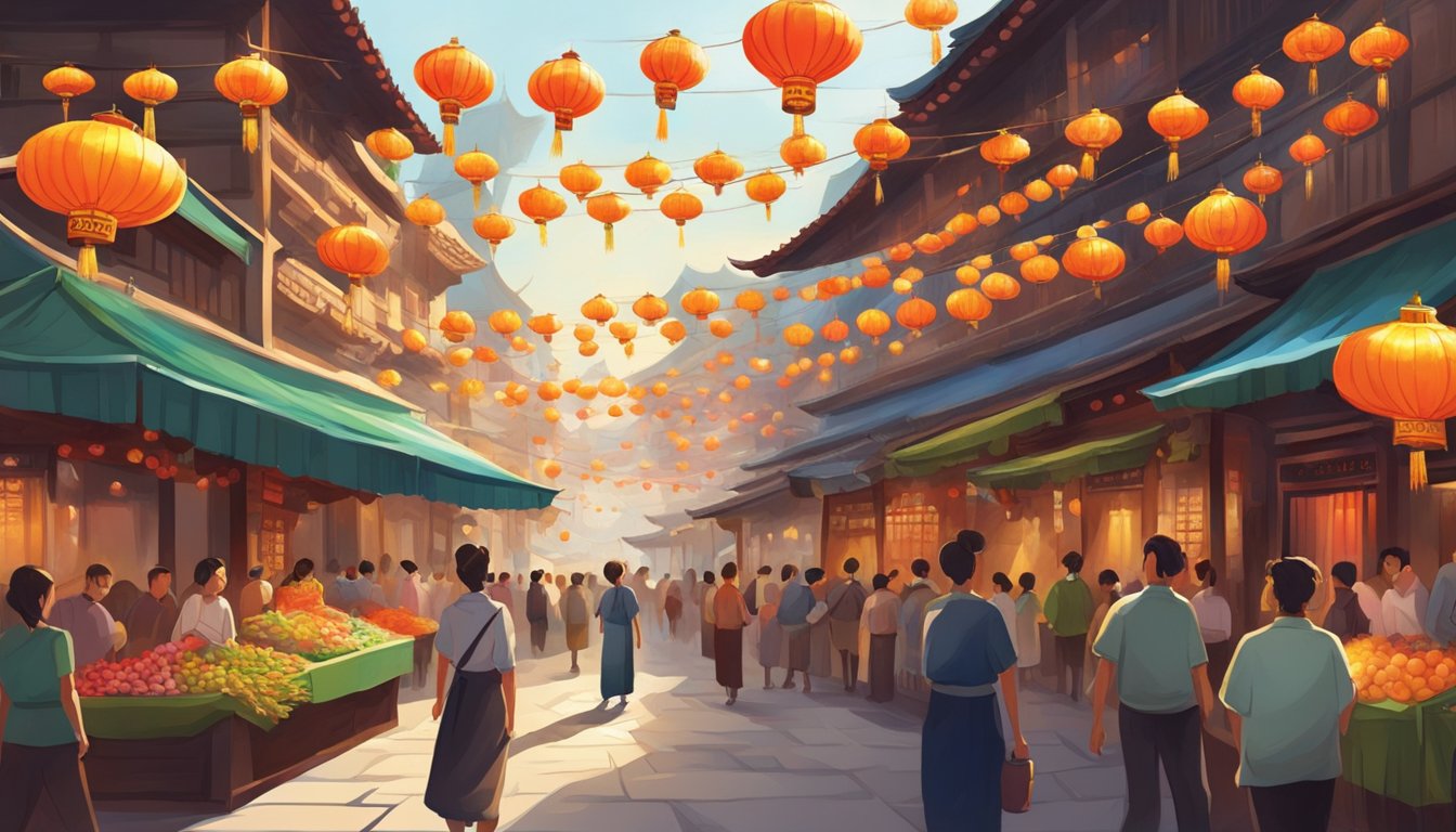 Vibrant street market with colorful lanterns and bustling crowds. Traditional architecture and enticing aromas fill the air. A dragon dance captivates onlookers