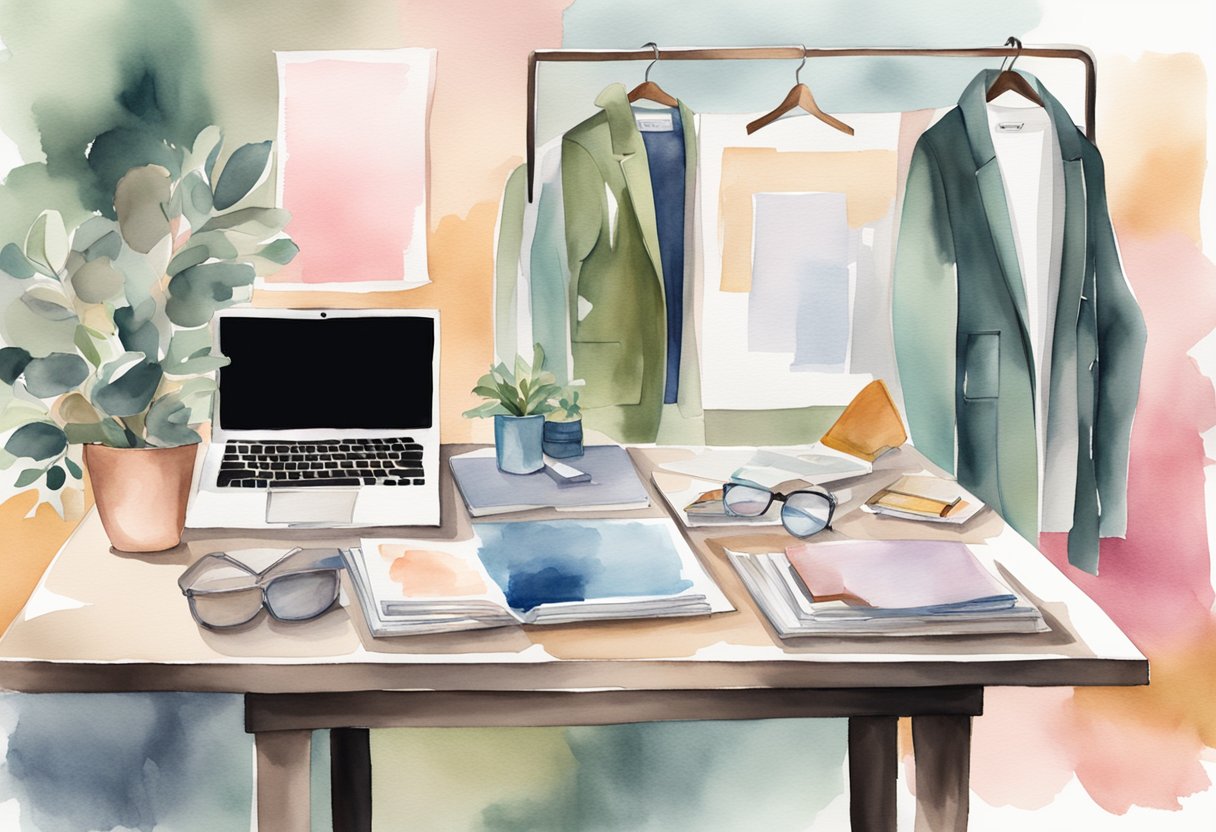 A stylish desk with a laptop, notebooks, and fashion magazines. A mood board with fabric swatches, sketches, and inspirational quotes. A rack of trendy clothing and accessories in the background