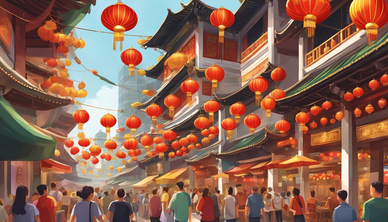 Vibrant red and gold lanterns hanging from ornate archways, with bustling food stalls and colorful traditional decorations lining the streets of Chinatown Singapore