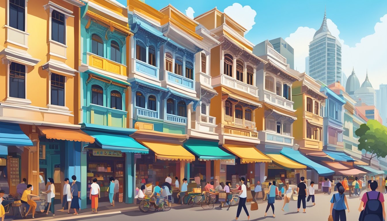 Vibrant street scene with colorful traditional shophouses, bustling markets, and ornate temples in Chinatown Singapore. Busy with locals and tourists exploring the rich culture and history