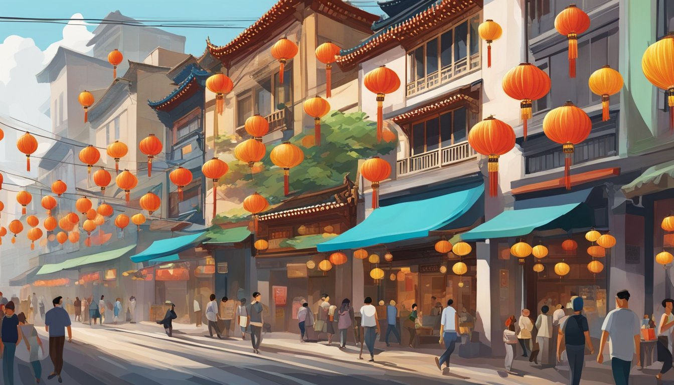 Busy Chinatown street with colorful shopfronts, bustling with tourists and locals. Traditional Chinese lanterns hang overhead, adding to the vibrant atmosphere. A mix of modern and historic architecture creates a dynamic backdrop