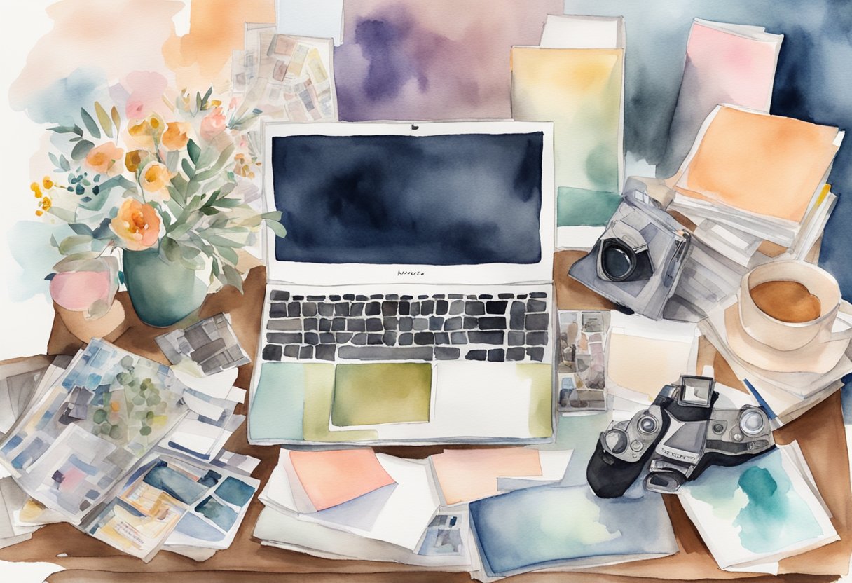 A cluttered desk with a camera, laptop, and fashion magazines. A mood board with outfit ideas and a stylish backdrop for photography