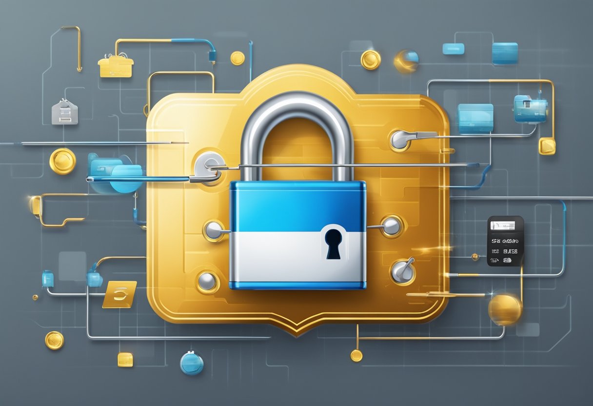 A lock icon secures a credit card and a padlock symbolizes data encryption, while a shield represents secure transactions