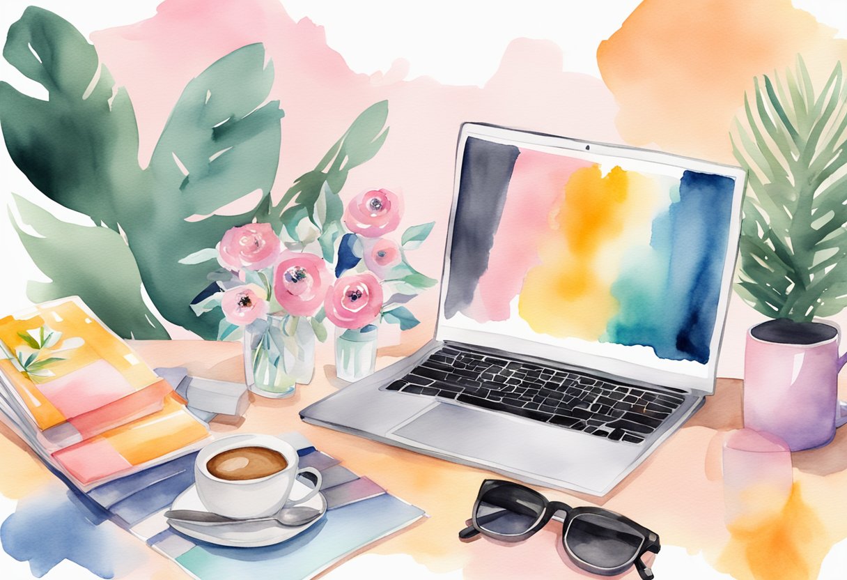 A laptop displaying a fashion blog with trendy outfit ideas, surrounded by colorful fashion magazines and a cup of coffee