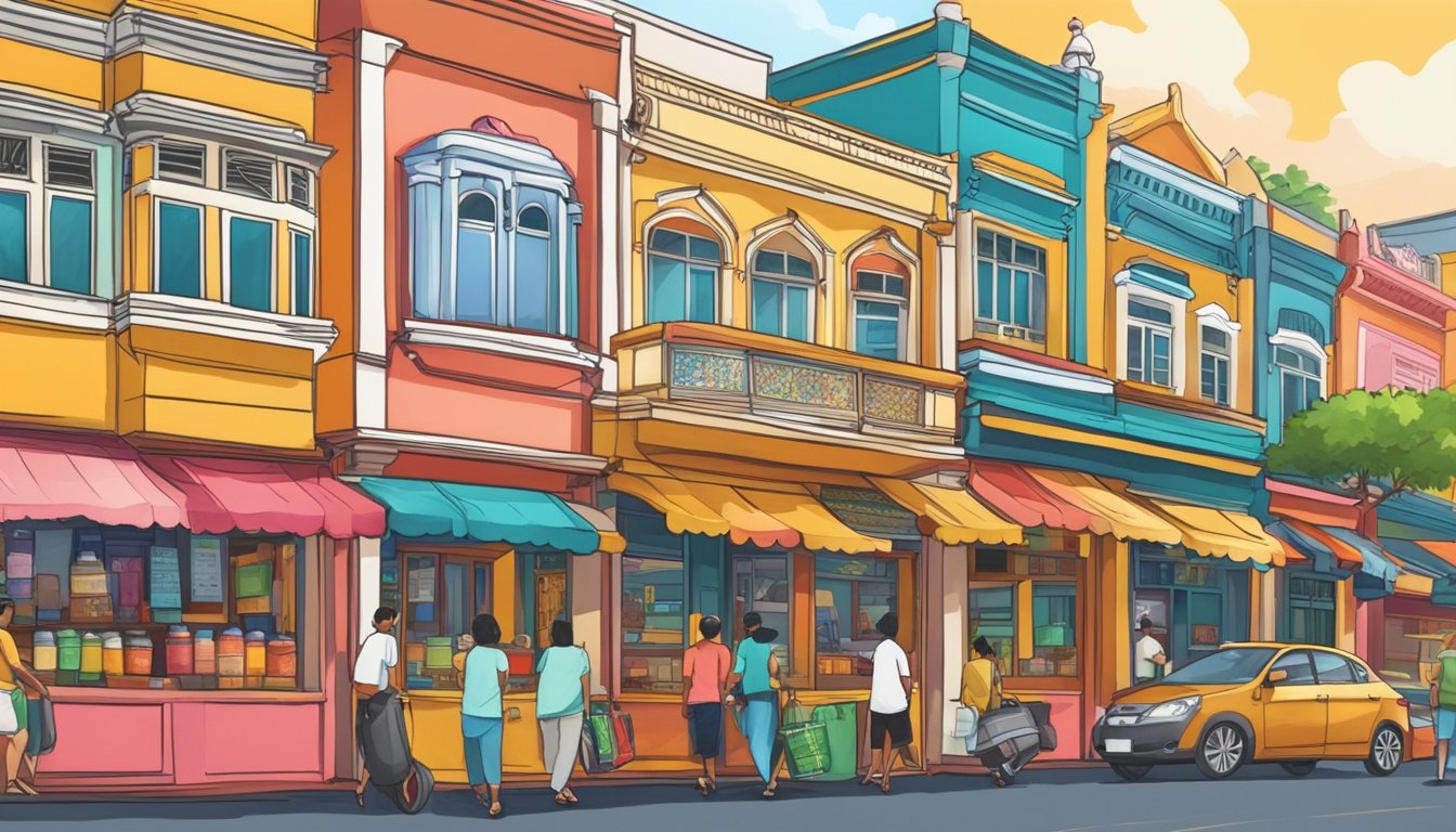 Colorful shopfronts line the bustling streets of Little India, Singapore. The aroma of spices and the sound of lively music fill the air, creating a vibrant and dynamic atmosphere