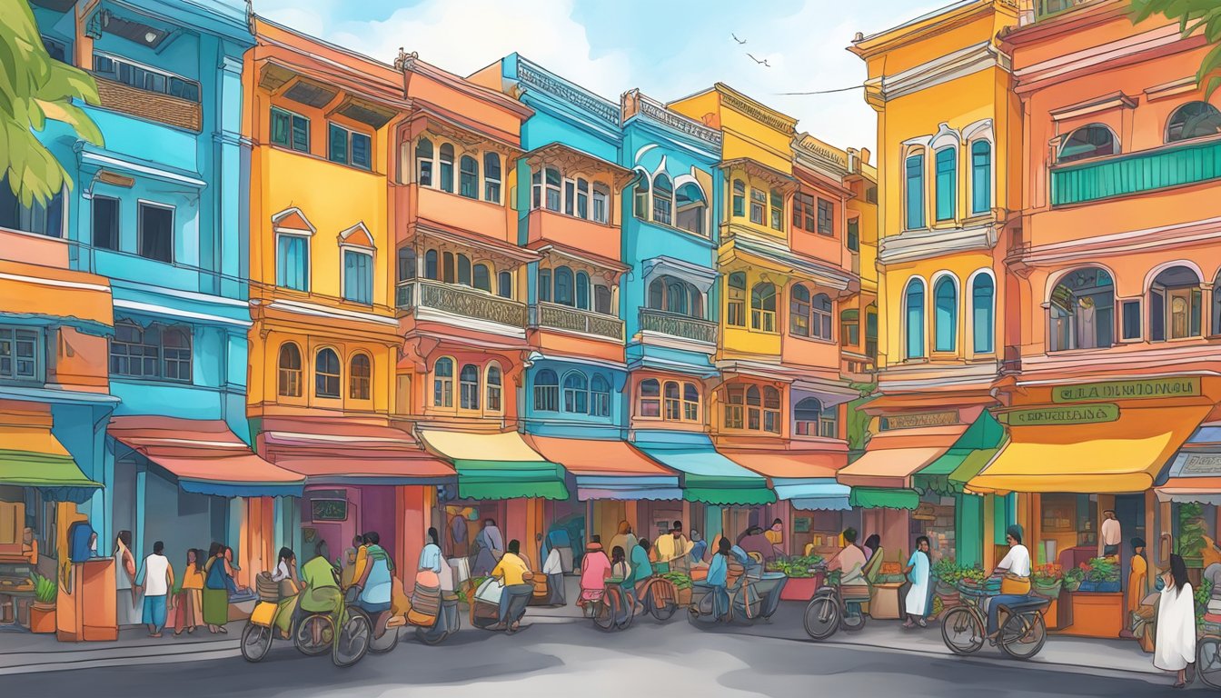 Colorful buildings line the bustling streets of Little India, with vibrant storefronts and intricate architectural details. The air is filled with the scent of exotic spices and the sound of traditional music, creating a lively and energetic atmosphere