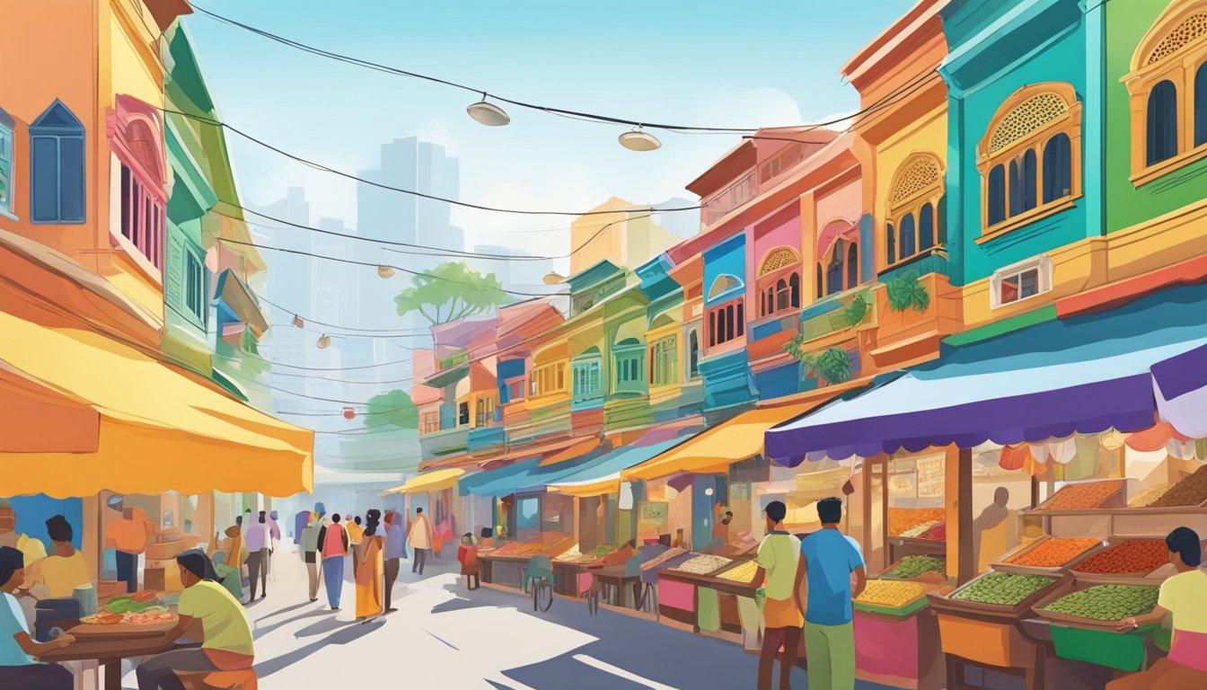 Colorful buildings line the bustling streets of Little India. The air is filled with the aroma of exotic spices and the sound of lively music. Fruit stalls and vibrant textiles create a vibrant and lively atmosphere