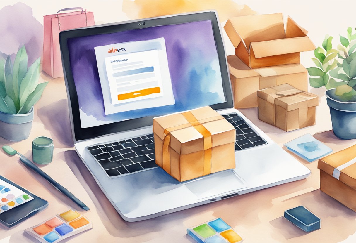 A laptop displaying the AliExpress website with various products and customer reviews, surrounded by packages and delivery boxes