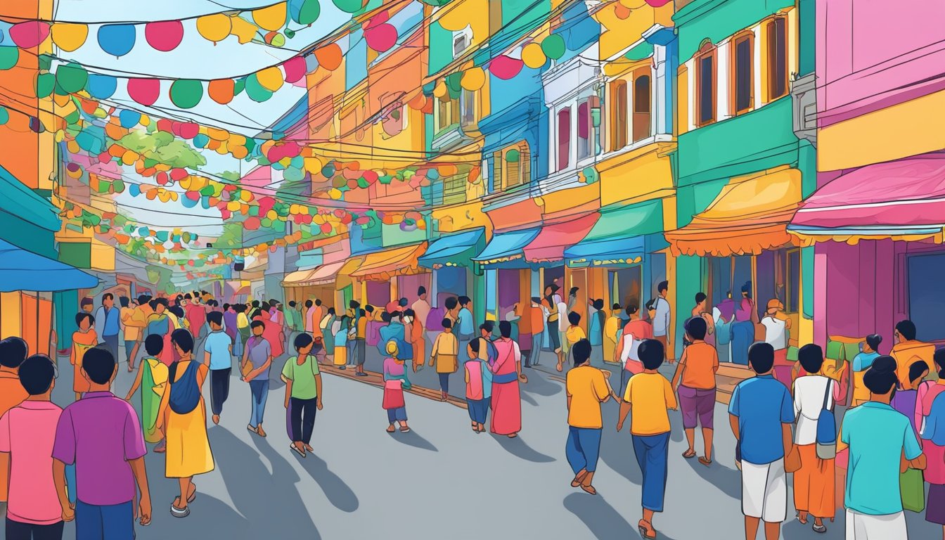 Colorful decorations line the streets of Little India, Singapore, as people celebrate various festivals and events. The vibrant atmosphere is filled with music, dance, and delicious food, creating a lively and festive scene