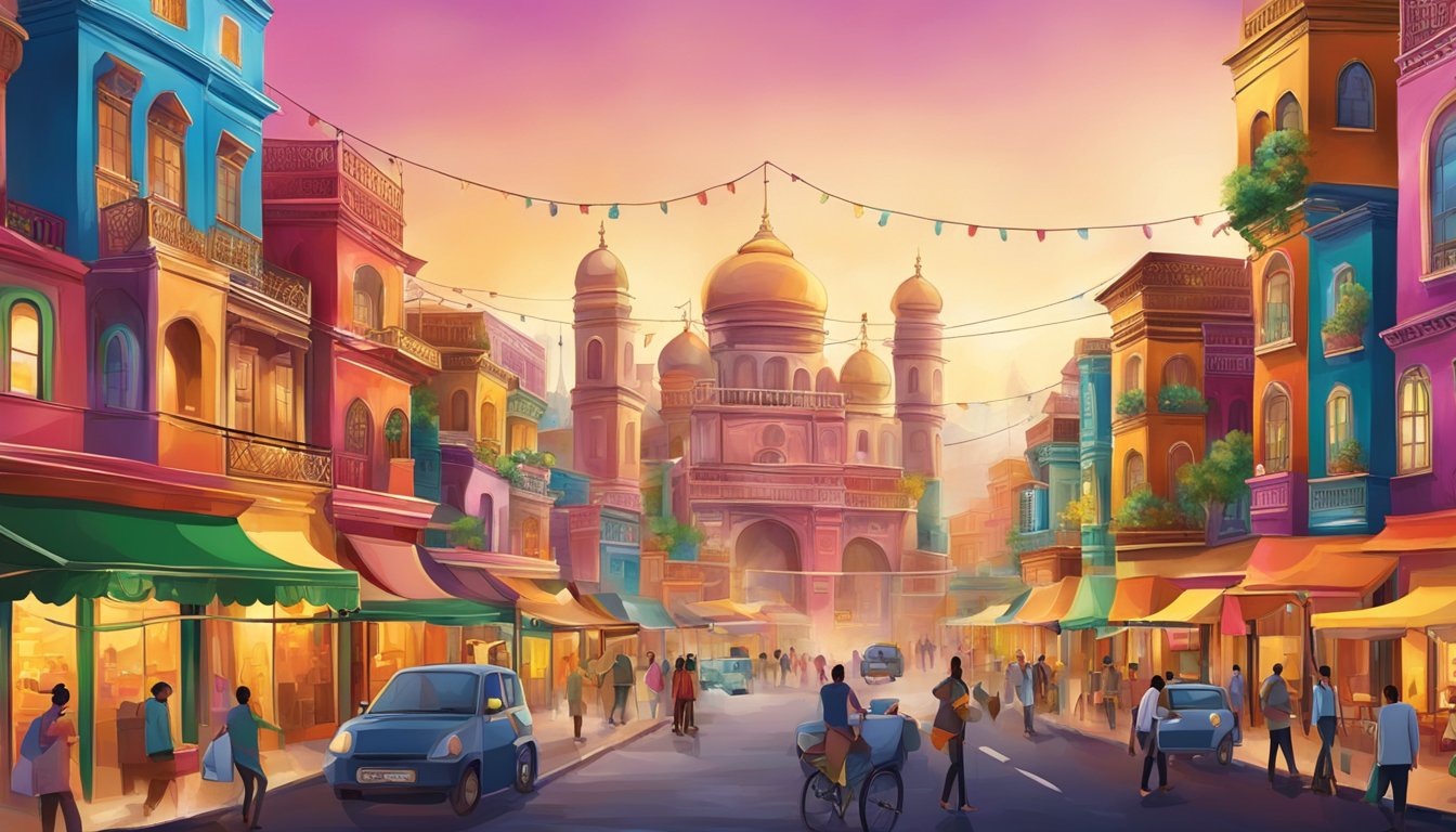 Colorful buildings line the bustling street, adorned with vibrant banners and intricate decorations. The air is filled with the aroma of exotic spices and the sound of lively music