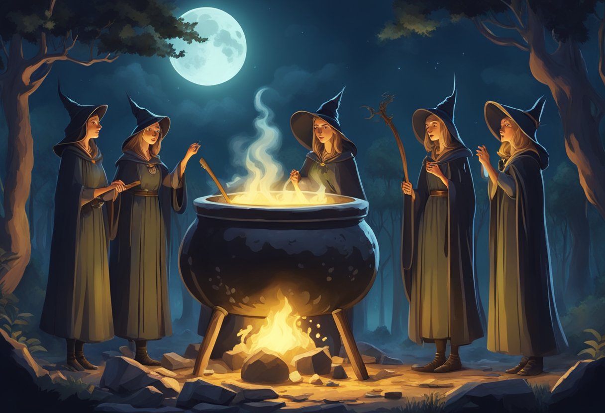 A group of witches gather around a bubbling cauldron in the moonlit forest, casting spells and conjuring magic in the ancient town of Benevento