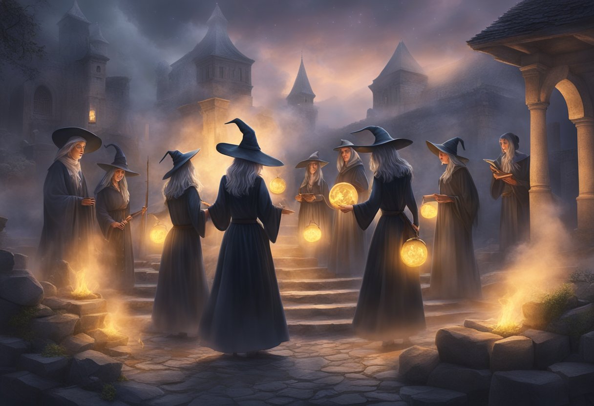 A group of witches gather in the ancient town of Benevento, surrounded by swirling mists and mystical symbols, casting spells and conjuring dark magic