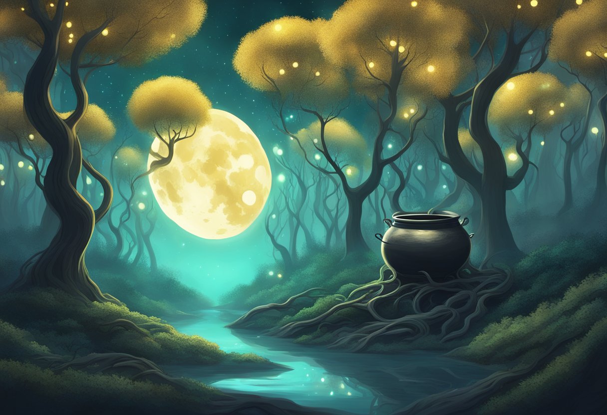 A moonlit forest with twisting trees, a bubbling cauldron, and mysterious glowing orbs floating in the air
