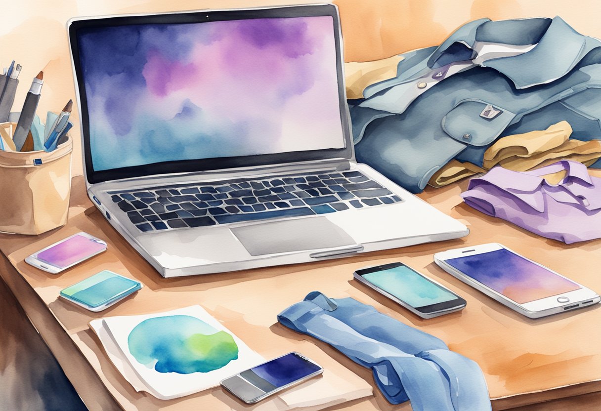 A laptop open on a desk with used clothes neatly arranged, a smartphone displaying a selling app, and packaging materials ready to ship