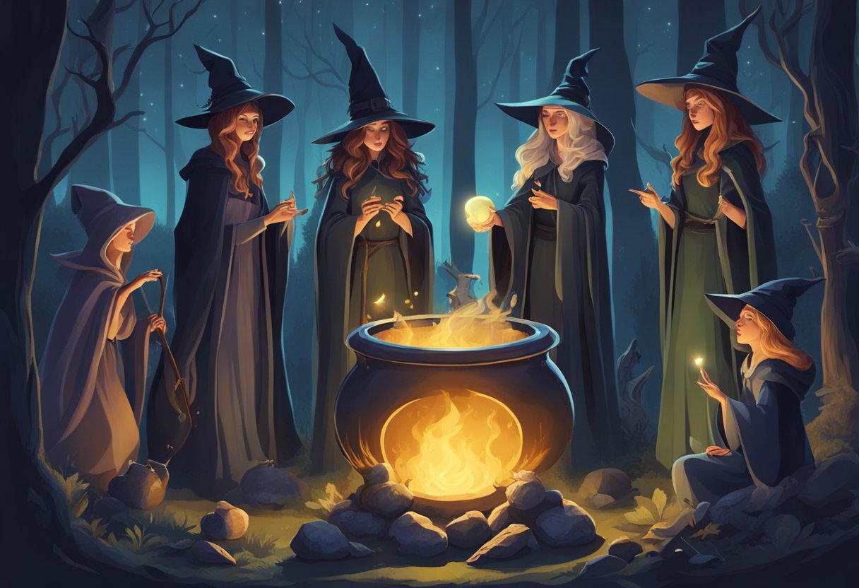A group of witches gathered around a cauldron in the moonlit forest, casting spells and conjuring magic