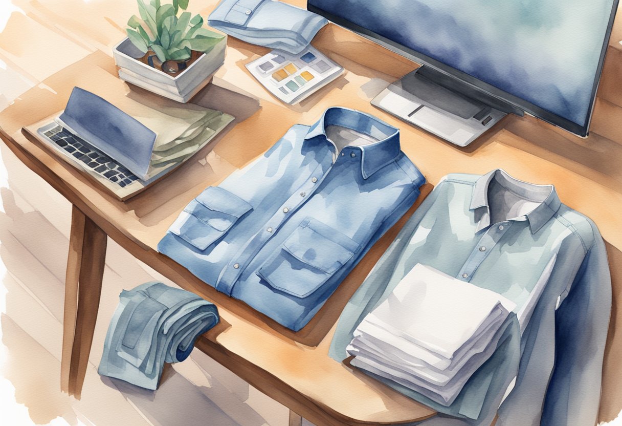 Clothes neatly folded on a table with a laptop open, showing an online selling platform. A measuring tape and a price tag are placed next to the clothes