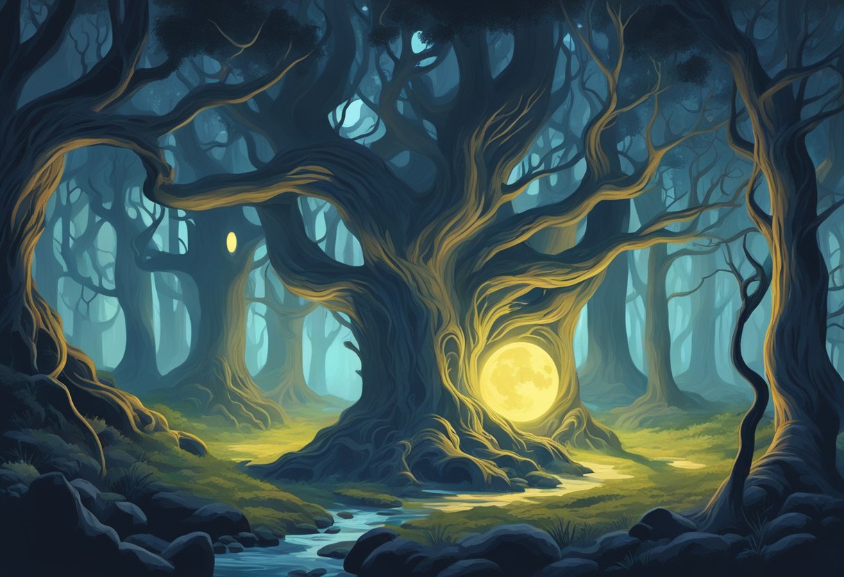 A moonlit forest with twisted trees, a bubbling cauldron, and shadows of mysterious figures casting spells