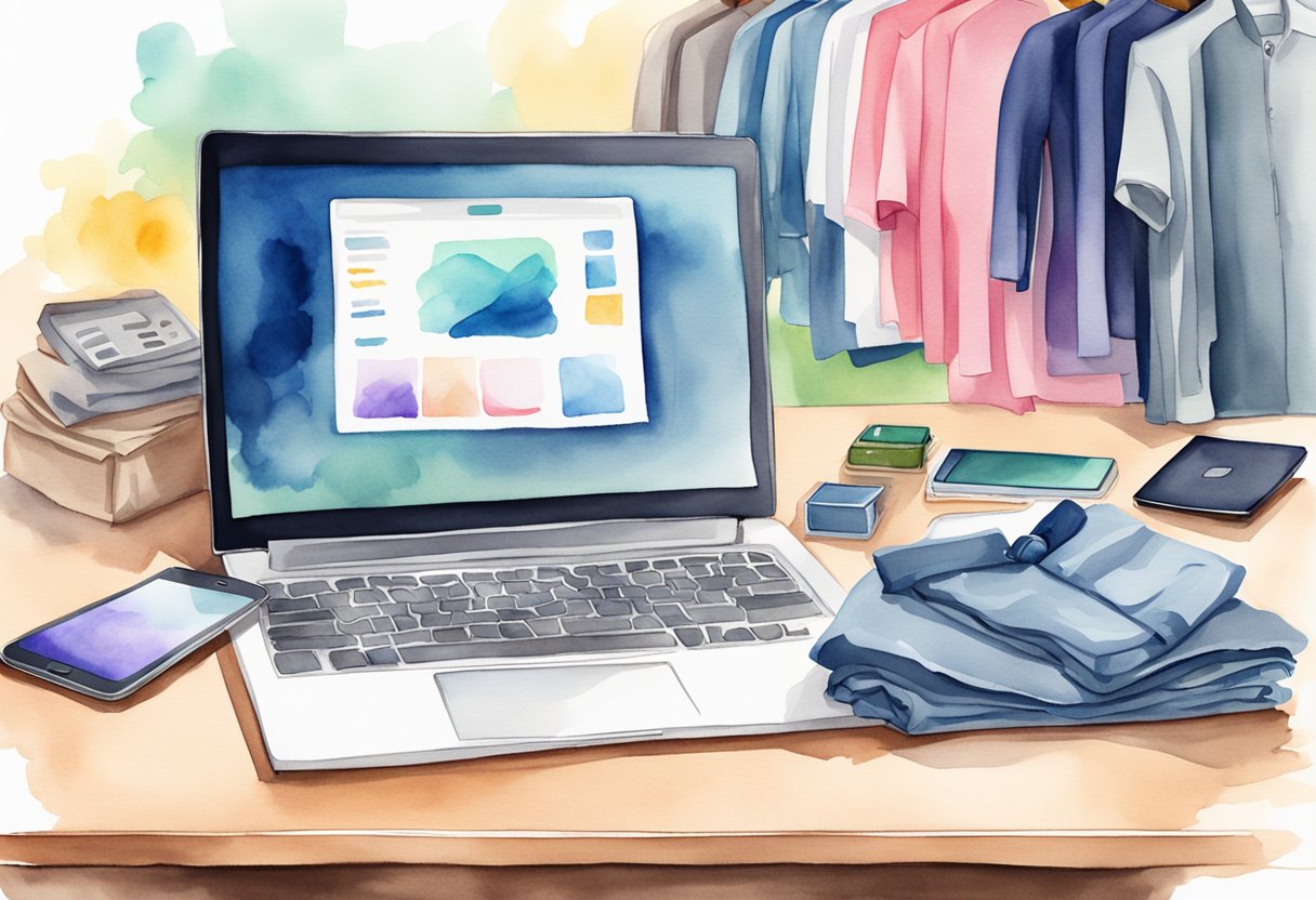 A laptop open on a desk with a pile of neatly folded clothes next to it. A smartphone displaying a selling app on the screen