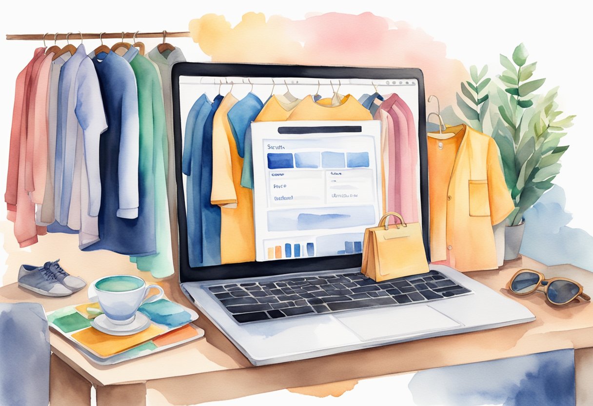 A laptop displaying an online marketplace with various used clothing items. A chart showing sales data and a checklist of strategies for selling clothes online