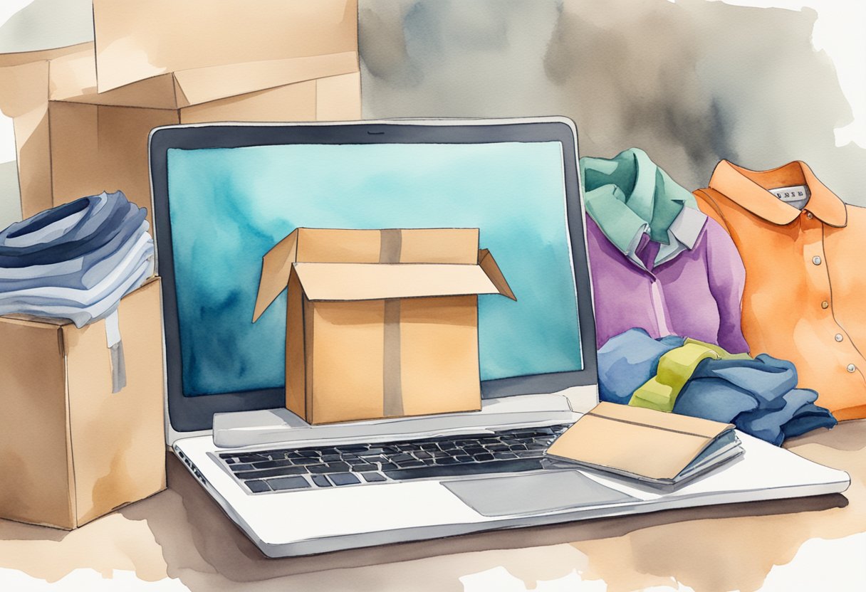A laptop displaying an online marketplace, a pile of used clothes, and a shipping box with packing materials