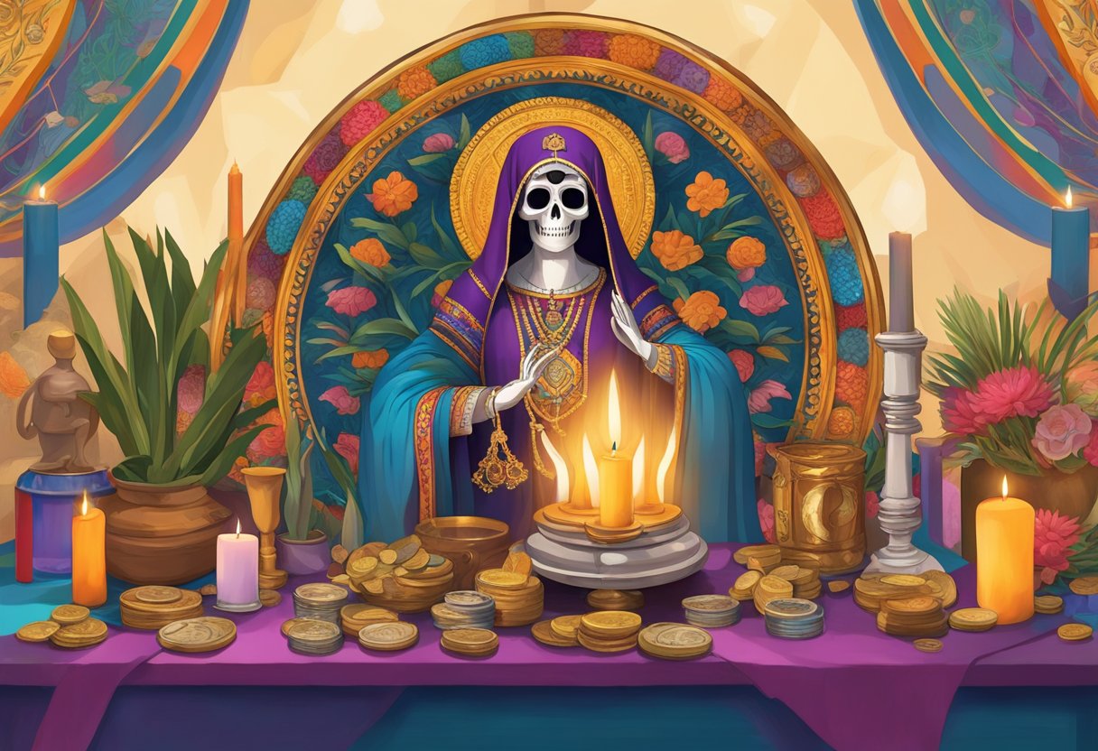 A candle-lit altar adorned with offerings, including flowers, incense, and coins. A statue of Santissima Muerte, adorned in colorful robes and surrounded by symbolic items