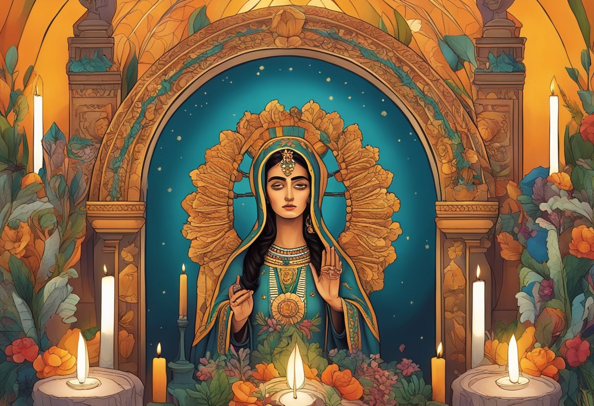 Santissima Muerte, the Lady of Mexico, surrounded by candles, offerings, and devotees in a solemn ritual