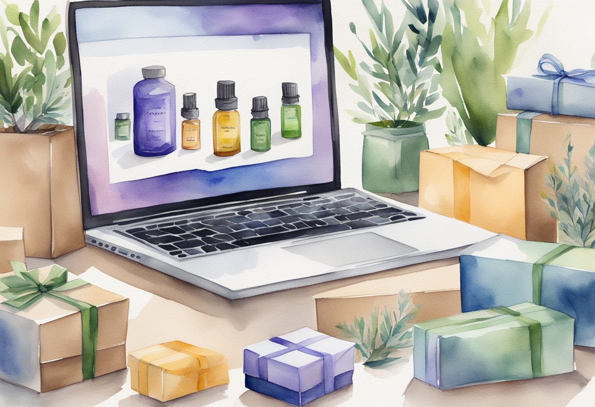 A laptop displaying a website with essential oils for sale, surrounded by packaging materials and shipping boxes