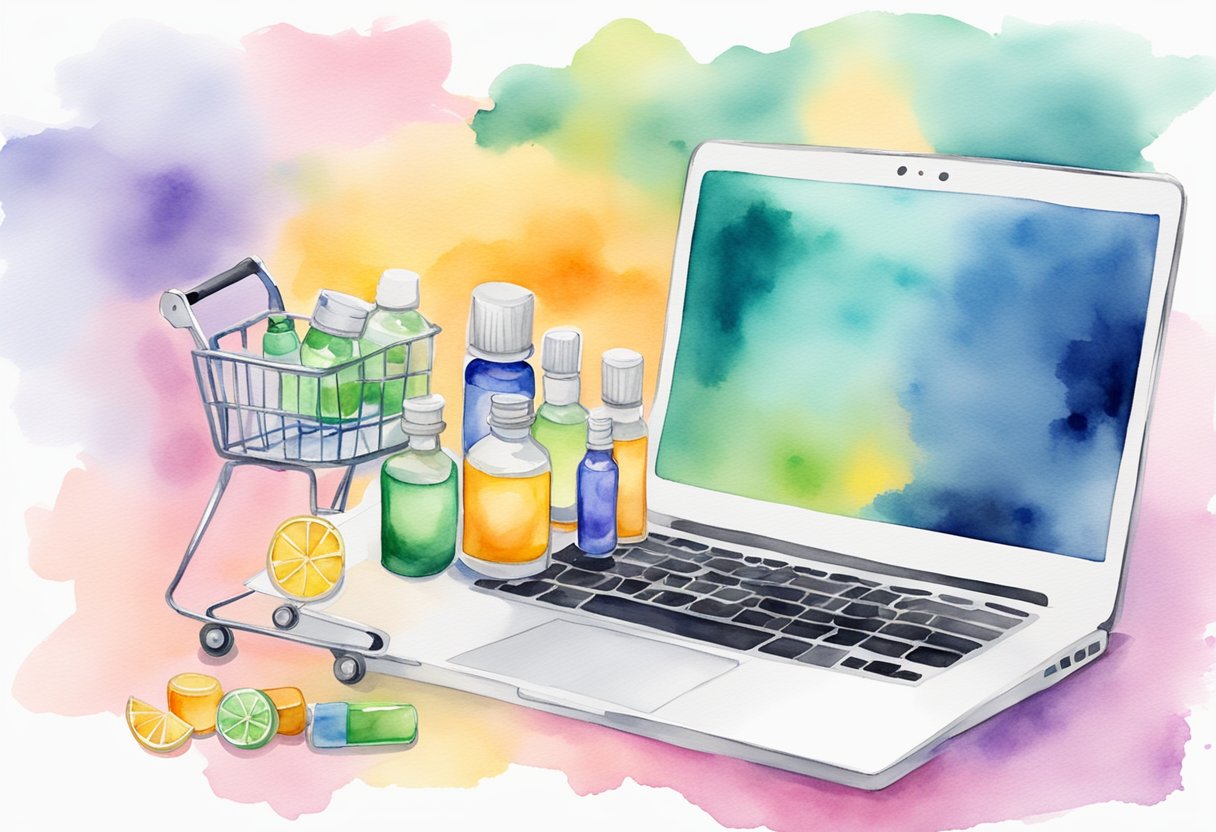 A laptop with essential oil bottles, a website with a shopping cart, and social media icons for promotion