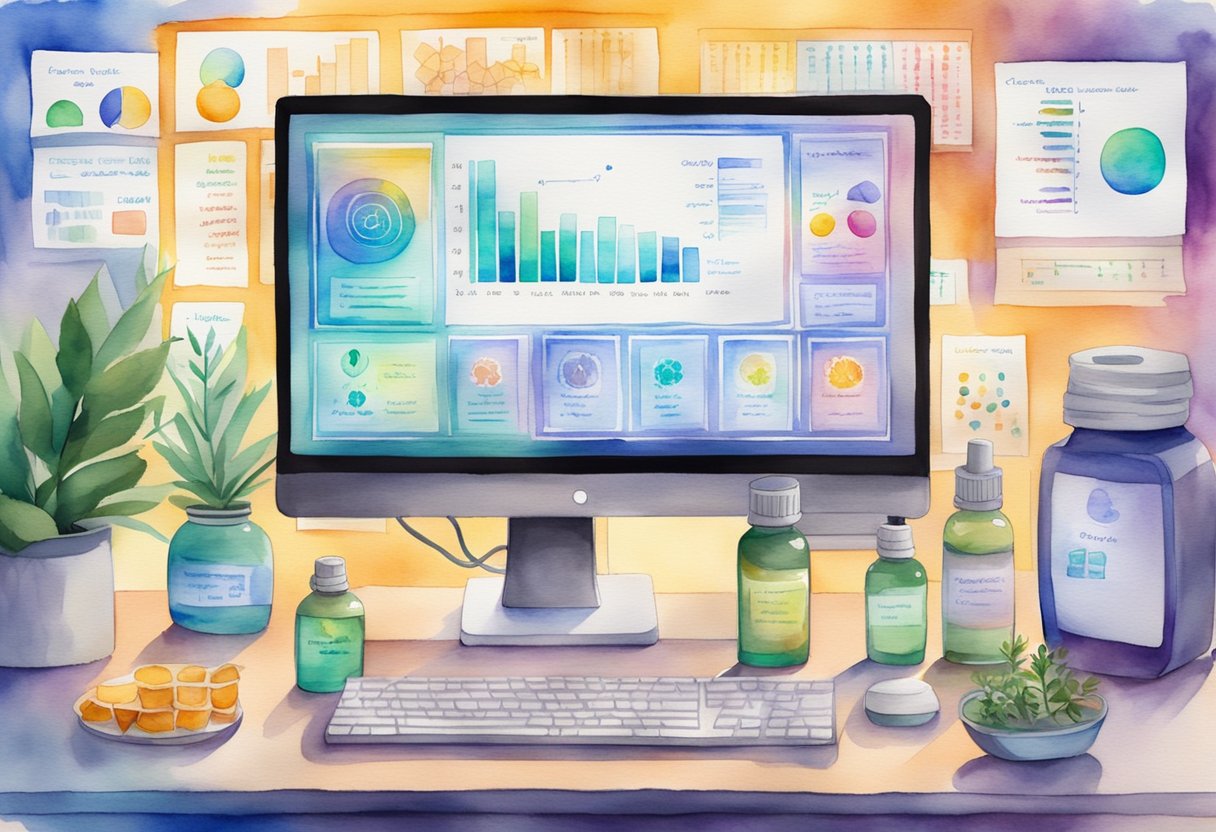 A computer with a glowing screen displaying various essential oil products, surrounded by charts and graphs showing increasing sales and customer reach