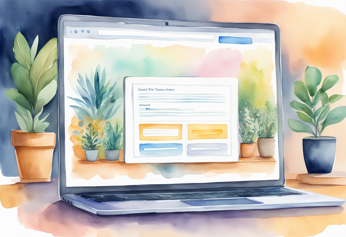 A laptop displaying a website with clear product descriptions, pricing, and terms of service. A customer service chat window is open for inquiries