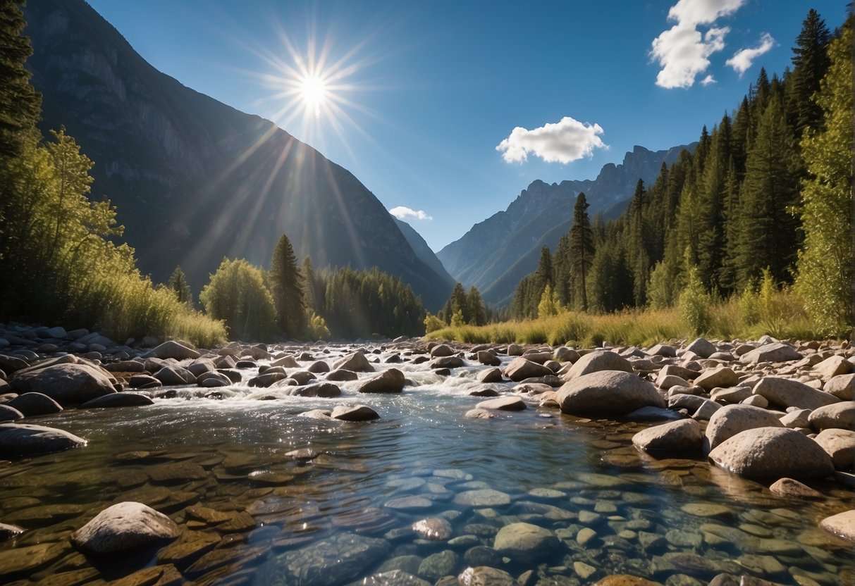 A serene mountain landscape with a peaceful, flowing river and a clear blue sky, symbolizing the origins of mindfulness in nature