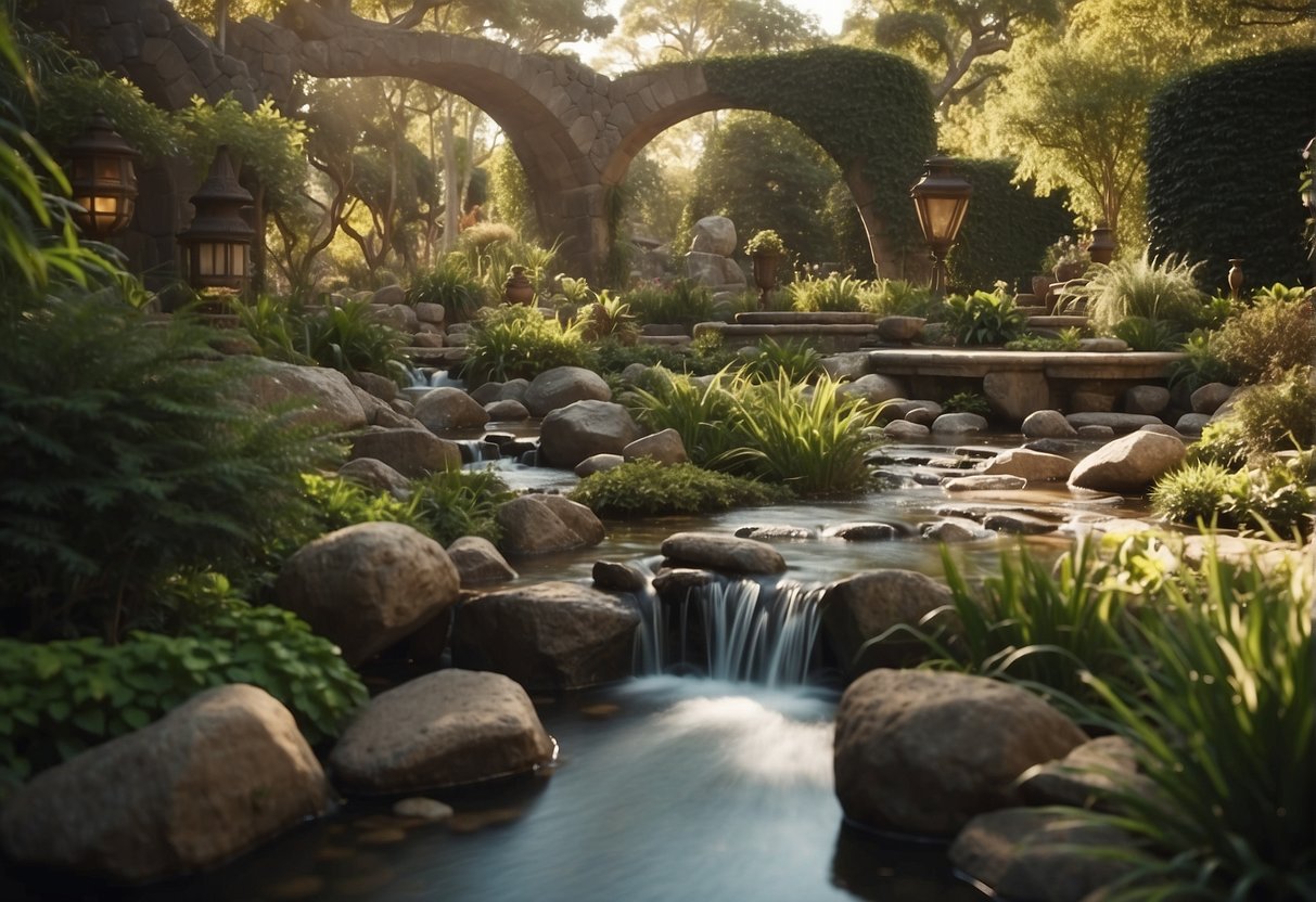 A serene garden with a flowing stream, surrounded by modern technology and ancient artifacts, symbolizing the fusion of mindfulness in the modern era