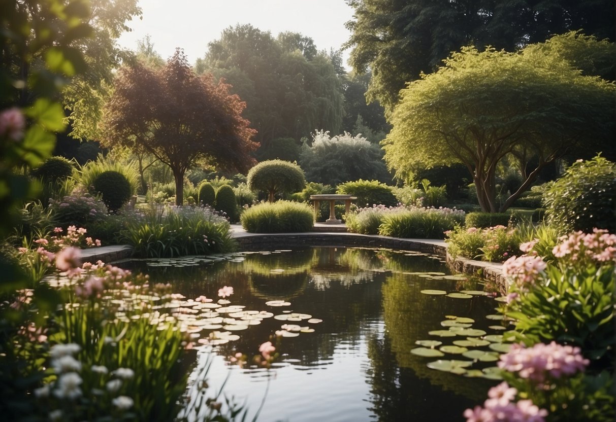 A serene garden with a tranquil pond, surrounded by lush greenery and blooming flowers, evoking a sense of peace and mindfulness