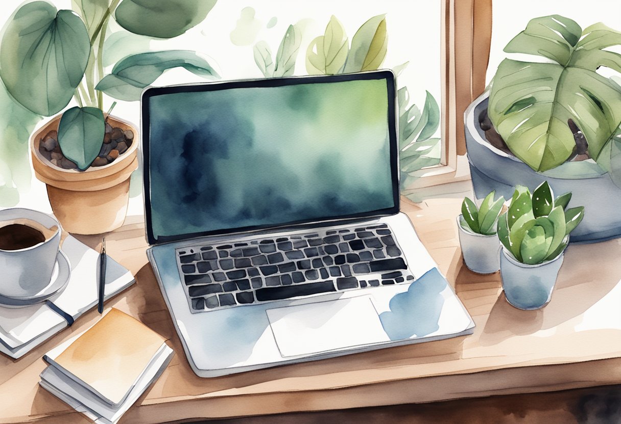 A laptop on a cozy desk, surrounded by coffee, plants, and a notebook. The screen displays a blog post with engaging content and comments