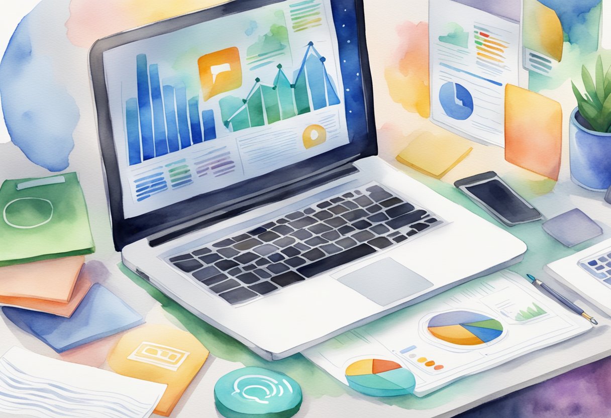 A laptop with a blog post titled "Understanding the Blogging Audience" displayed on the screen, surrounded by various social media icons and analytics charts