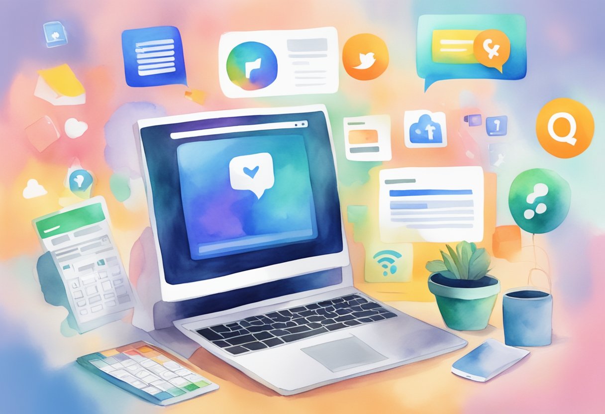 A computer screen with a blog post titled "Frequently Asked Questions: Is Blogging Still Relevant?" surrounded by various social media icons and engagement metrics