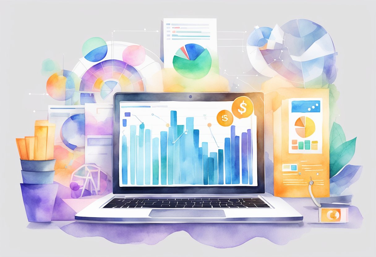 A laptop displaying various digital marketing tools and strategies. Charts and graphs show successful campaign results. Money symbols float above the screen