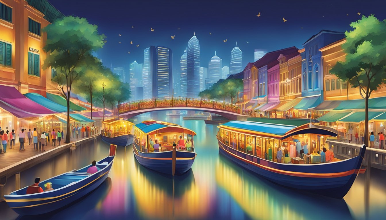 Colorful boats line the bustling riverfront at Clarke Quay, with vibrant lights reflecting off the water. The lively atmosphere is filled with music and laughter, creating a vibrant and exciting scene